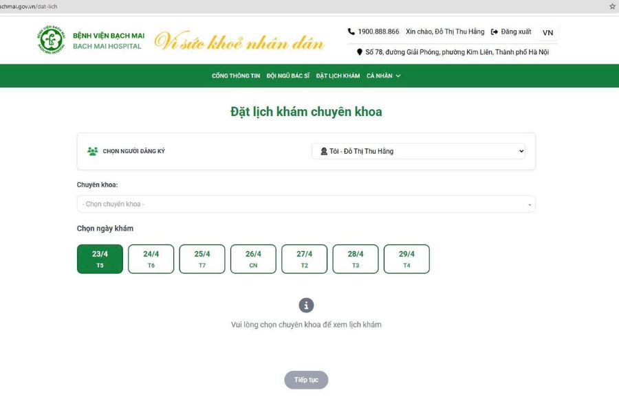 Giao diện đặt lịch trực tuyến trực quan trên website giúp người bệnh dễ dàng lựa chọn chuyên khoa và ngày giờ khám