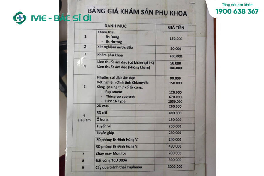 Bảng giá khám sản phụ khoa tại Phòng khám 43 Nguyễn Khang