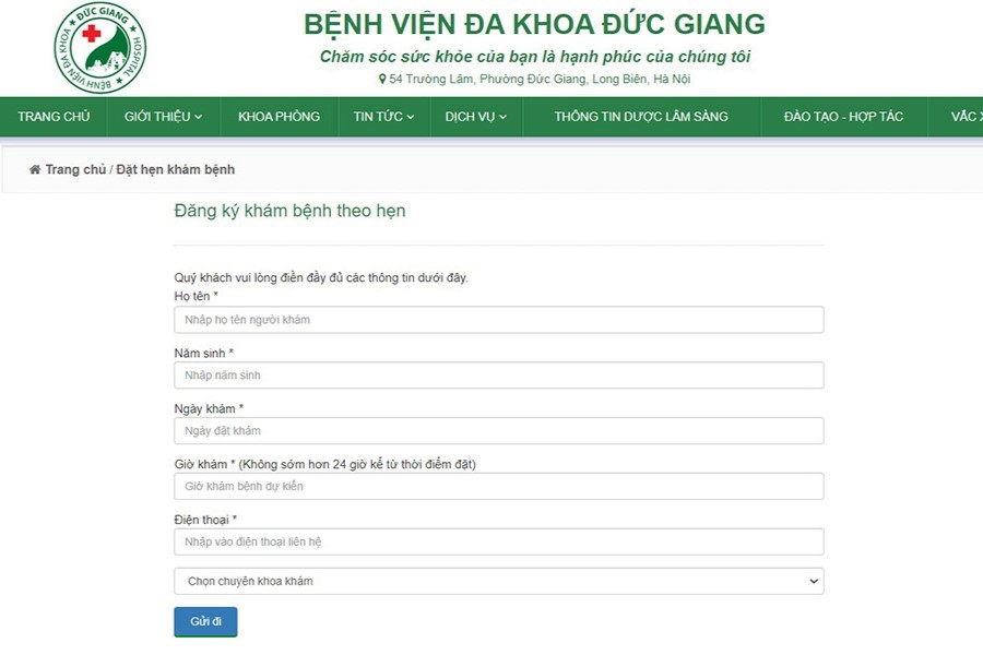 Mục điền thông tin đăng ký khám qua Website của Bệnh viện đa khoa Đức Giang