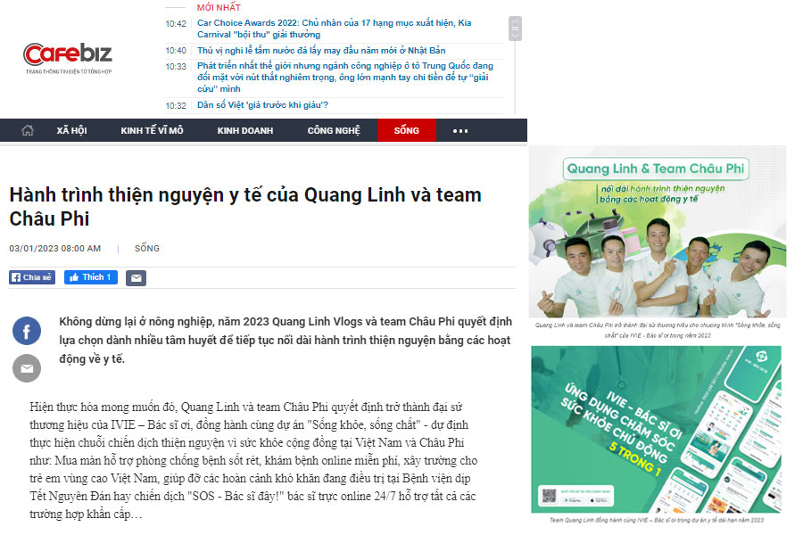 Cafebiz đưa tin về IVIE - Bác sĩ ơi và team Quang Linh