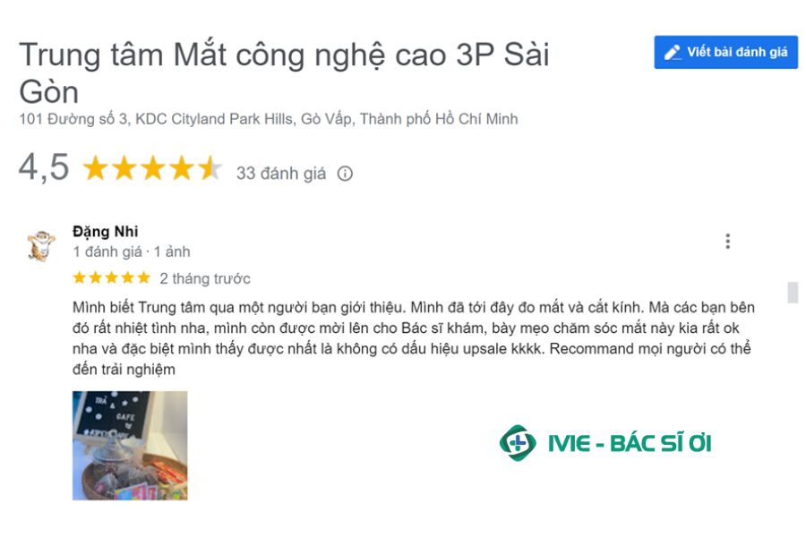 Đánh giá của khách hàng Đặng Nhi về Trung tâm Mắt công nghệ cao 3P Sài Gòn (3P EYECARE)