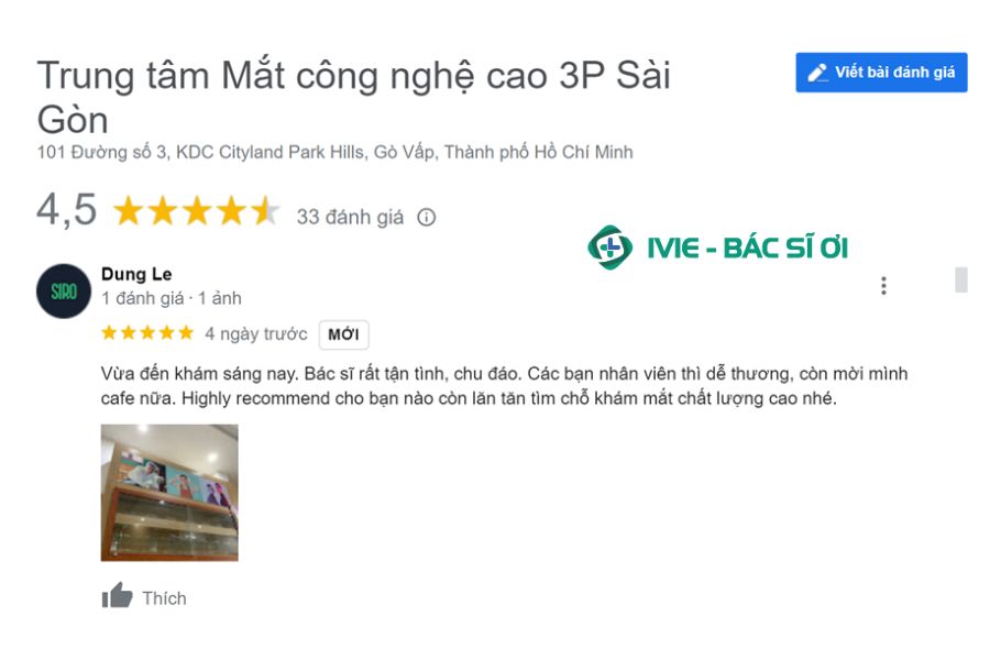Đánh giá của khách hàng Dung Le về Trung tâm Mắt công nghệ cao 3P Sài Gòn (3P EYECARE)
