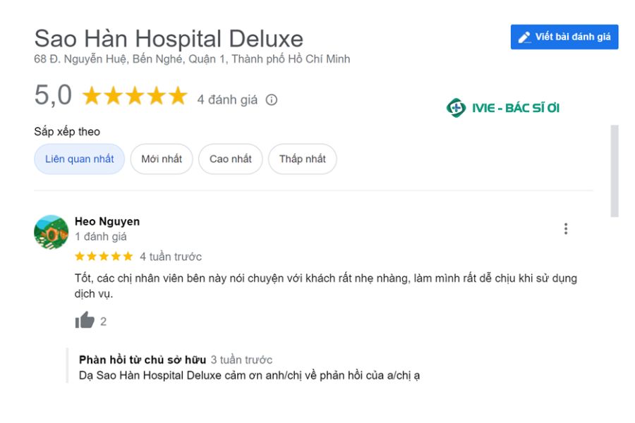 Đánh giá của khách hàng Heo Nguyen khi sử dụng dịch vụ tại Sao Hàn Hospital Deluxe