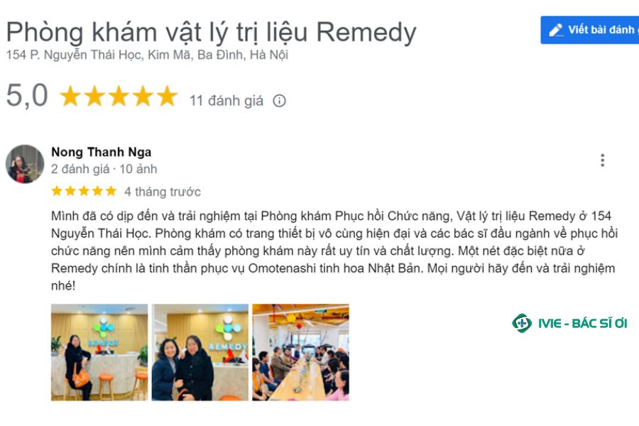 Đánh giá của khách hàng Nông Thanh Nga về phòng khám Remedy Rehab & Care