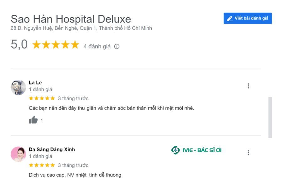 Đánh giá của nhiều khách hàng khi sử dụng dịch vụ tại Sao Hàn Hospital Deluxe