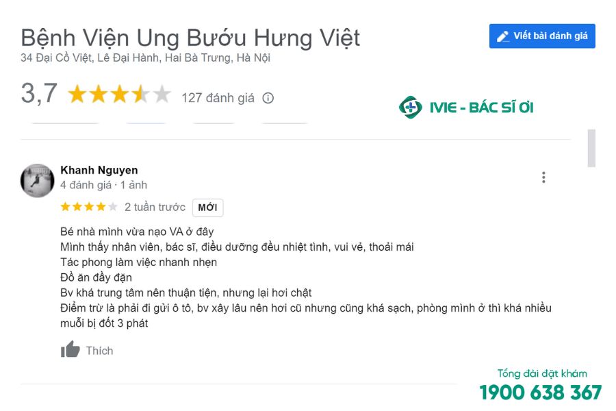 Nhận xét của bạn Nguyễn Khánh về Bệnh viện Ung bướu Hưng Việt