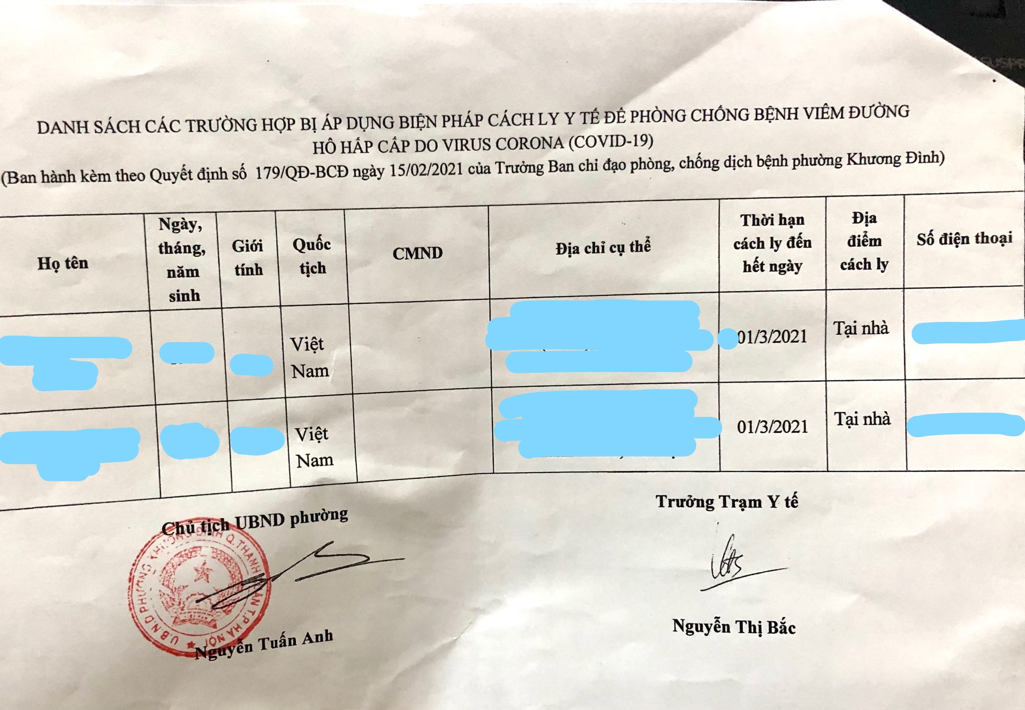 Quyết định cách ly tại nhà cho những người có nguy cơ lây nhiễm Covid-19