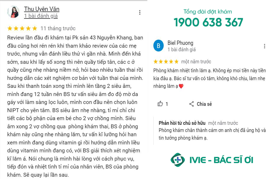 Chia sẻ của bạn Thu Uyên Văn và Biel Phuong về dịch vụ và đội ngũ bác sĩ tại Phòng khám Sản phụ khoa 43 Nguyễn Khang